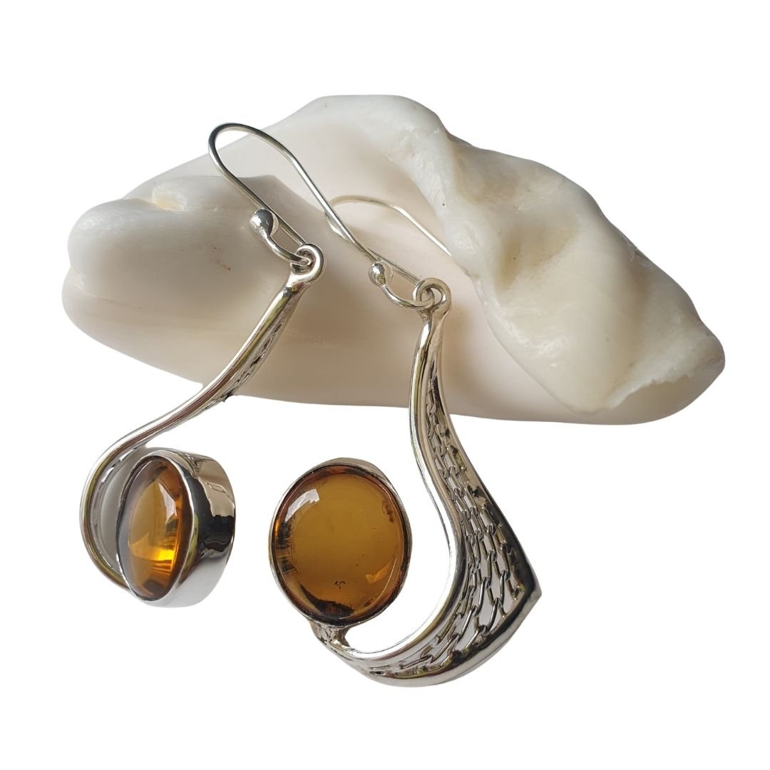 Aretes de ámbar color caramelo modelo enjambre plata - Imagen 4