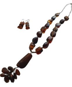 Collar y aretes ámbar tonos café-naranja