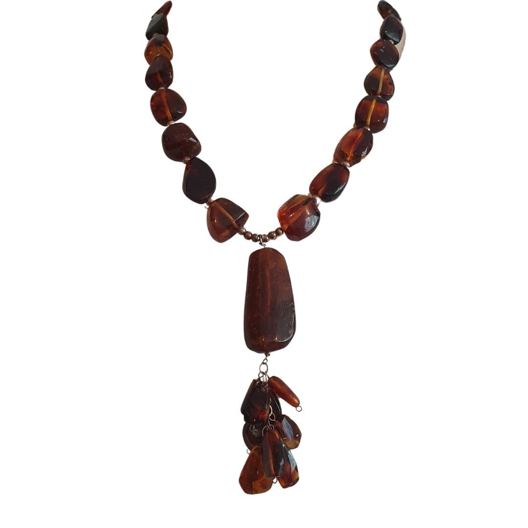Collar y aretes ámbar tonos café-naranja - Imagen 8