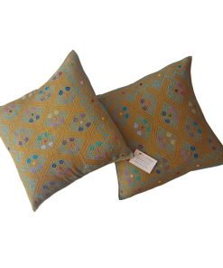 Par de fundas de cojines bordado tipo Larráinzar (ocre-turquesa)